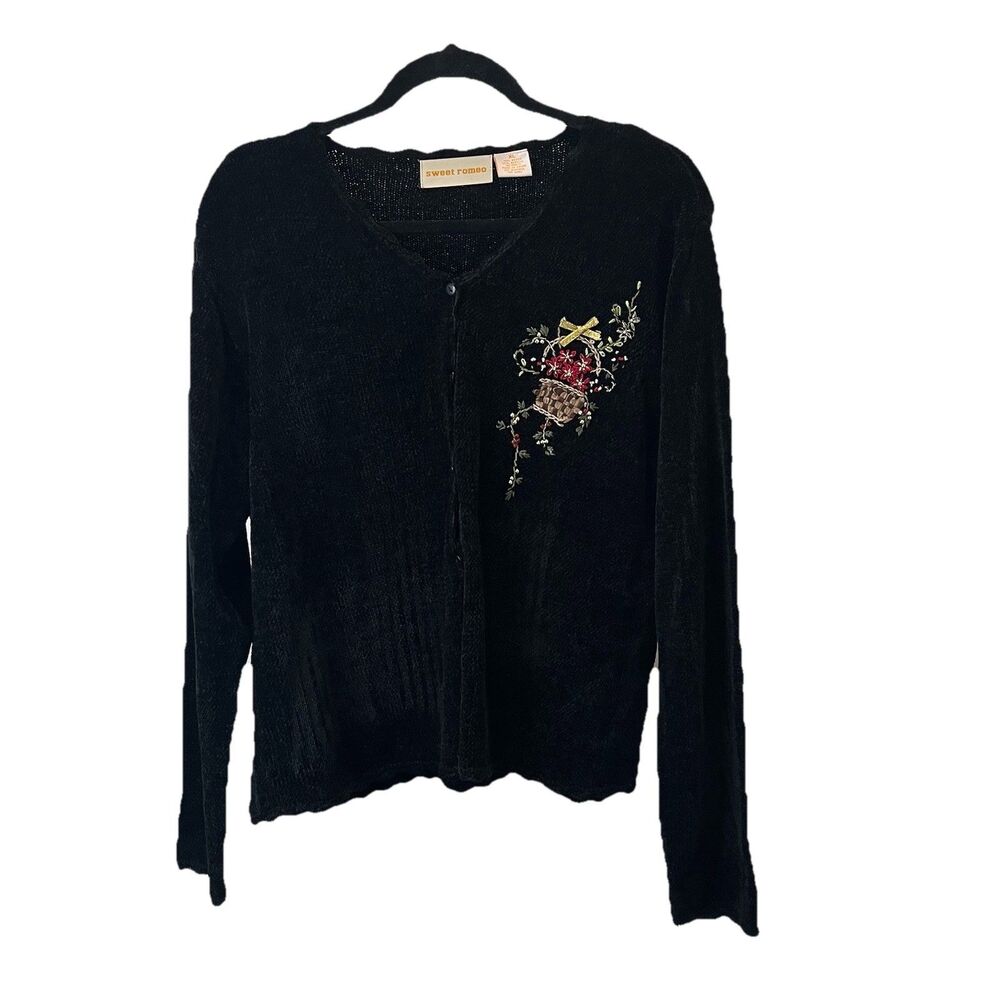 Sweet Romeo Black Embroidered Beaded Chenille Cardigan Sweater Womens Size XL